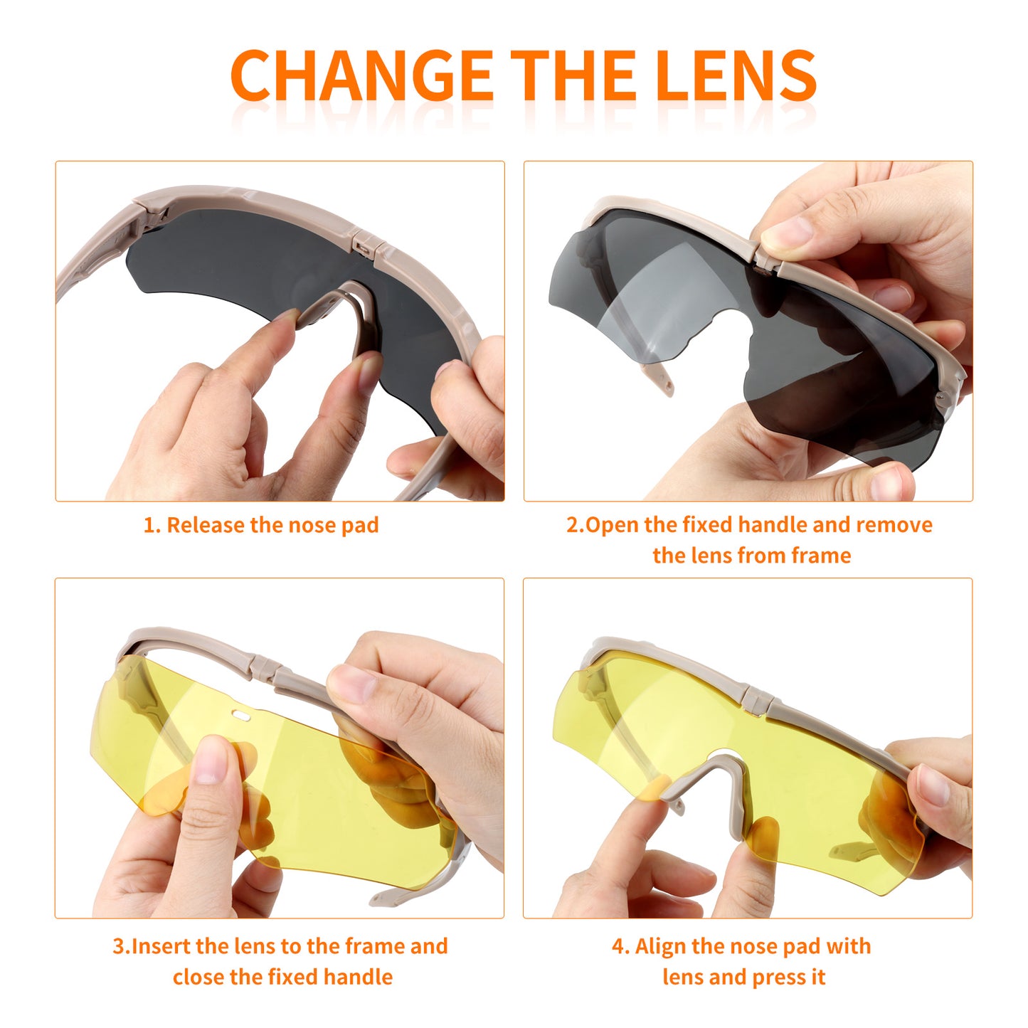Desert-Tan Tactical Sunglasses – 3 Lens Interchangeable