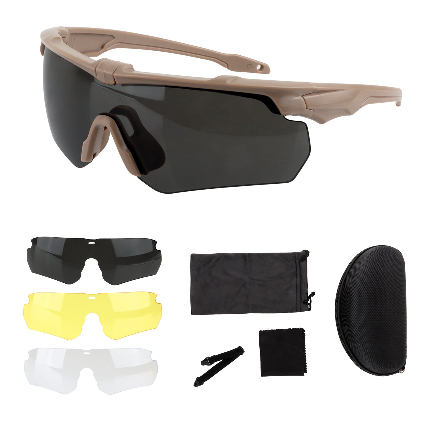 Desert-Tan Tactical Sunglasses – 3 Lens Interchangeable