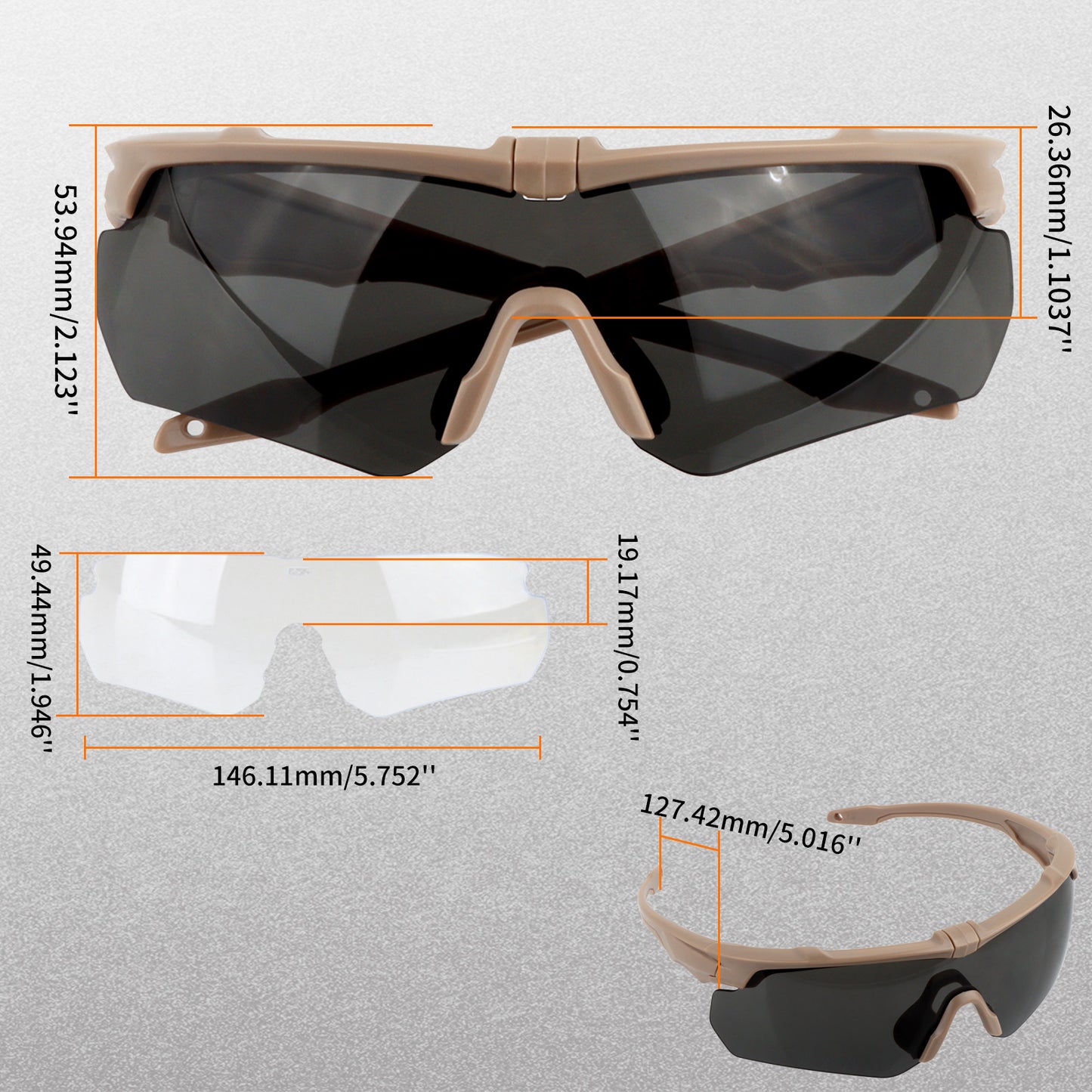 Desert-Tan Tactical Sunglasses – 3 Lens Interchangeable