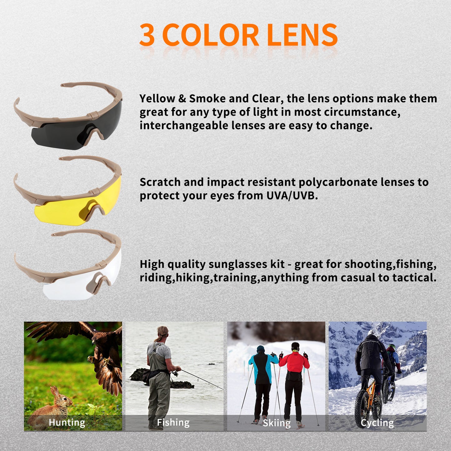 Desert-Tan Tactical Sunglasses – 3 Lens Interchangeable