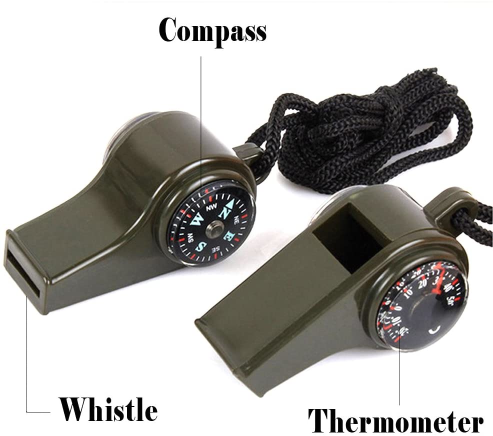 Blue Army Emergency Whistle with Lanyard, Multi-Functional 3 in1 Survival Gear Compass Thermometer for Outdoor Camping Hiking