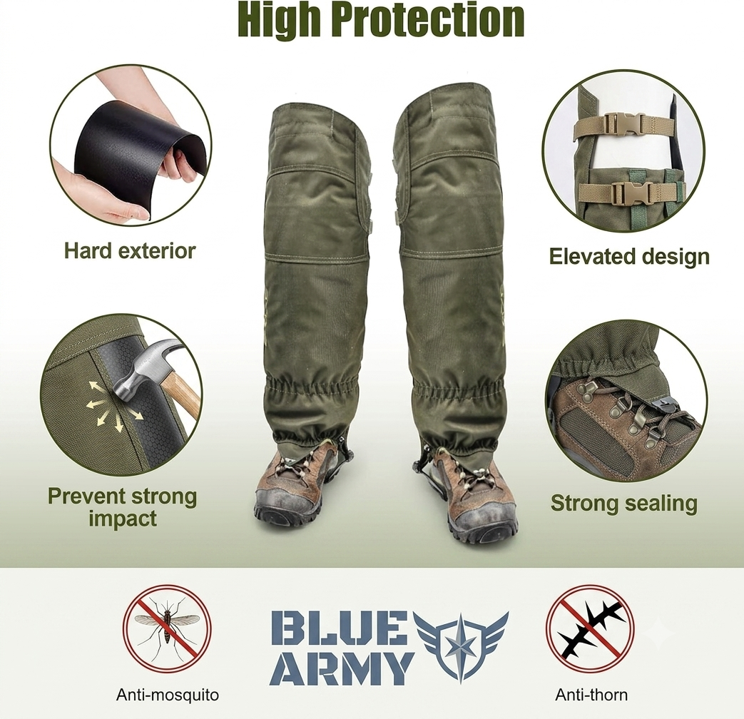 BLUE ARMY Heavy-Duty Hunting & Outdoor Leg Gaiters – High Protection, Waterproof & Thorn-Proof