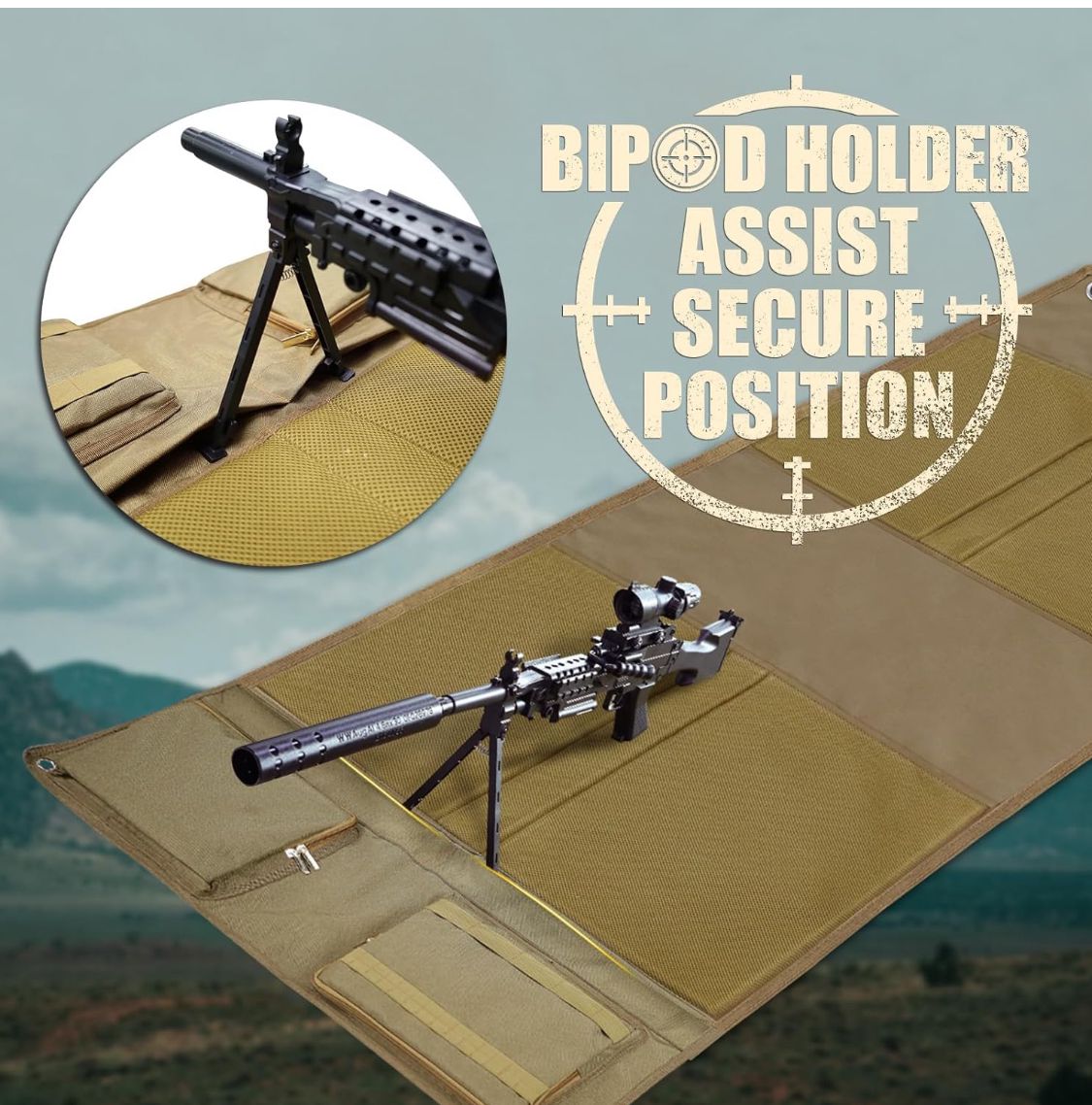 Tactical Shooting Mat - Padded Prone Mat with 2 Pockets, Molle Webbing, Bipod Holder, Extra-Large Waterproof Non-Slip Foldable Pad for Long-Range Rifle Shooting & Hunting