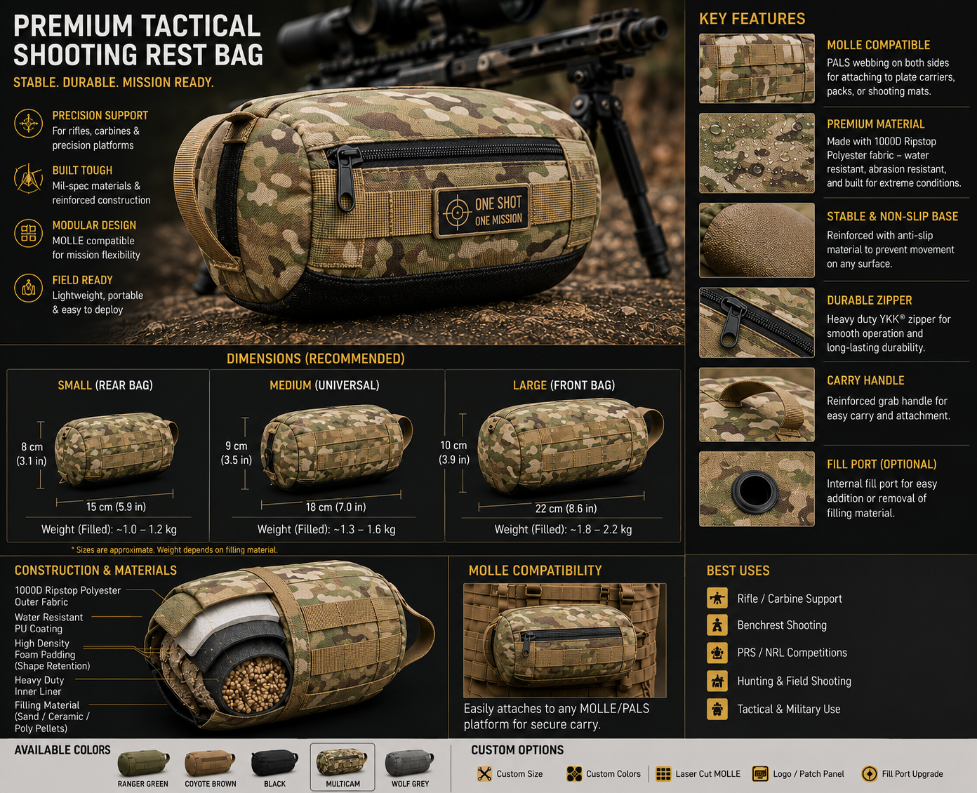 Premium Tactical Shooting Rest Bag | Precision Rifle Support Bag | 1000D Ripstop Polyester | MOLLE Compatible