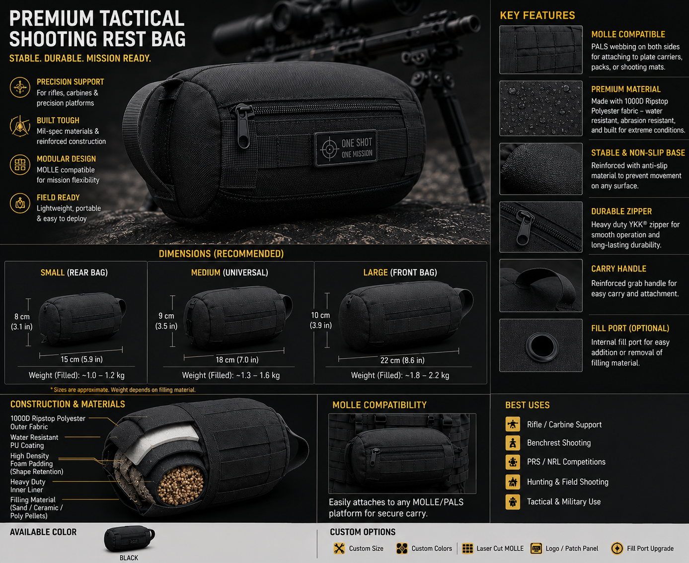 Premium Tactical Shooting Rest Bag | Precision Rifle Support Bag | 1000D Ripstop Polyester | MOLLE Compatible