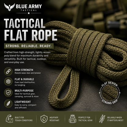 Blue Army Tactical Flat Rope with Drawstring Carry Pouch | Heavy Duty Multipurpose Utility Rope | Camping, Survival & Outdoor Use