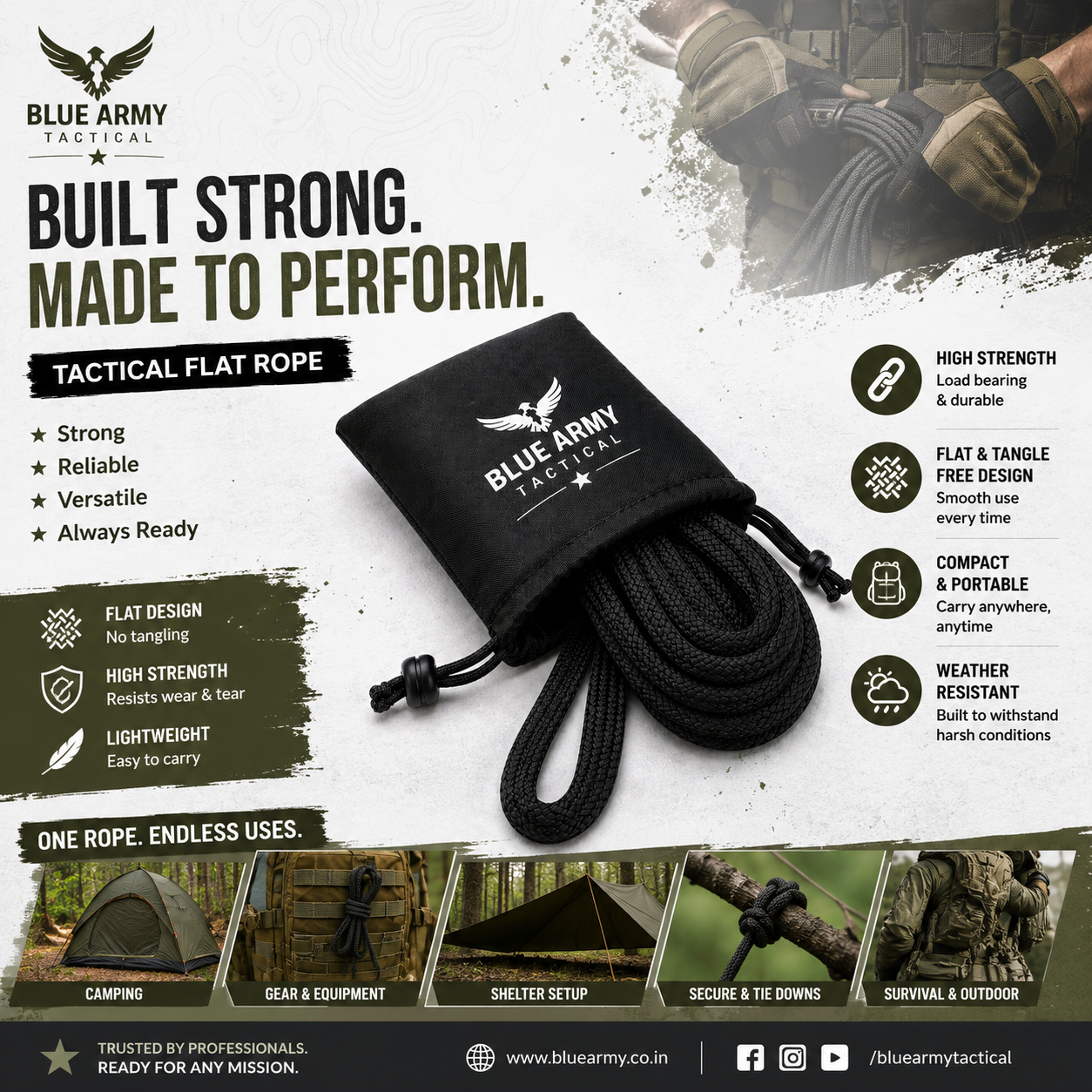 Blue Army Tactical Flat Rope with Drawstring Carry Pouch | Heavy Duty Multipurpose Utility Rope | Camping, Survival & Outdoor Use