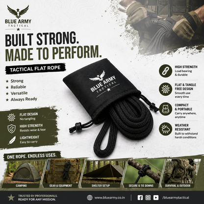 Blue Army Tactical Flat Rope with Drawstring Carry Pouch | Heavy Duty Multipurpose Utility Rope | Camping, Survival & Outdoor Use