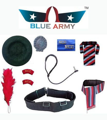 BLUE ARMY NCC 9 Pack Combo (Cap+Badge+Hackle Red+Dori+Linnet+Belt+Buckle+Shoulder Badge-2 Piece) Unisex